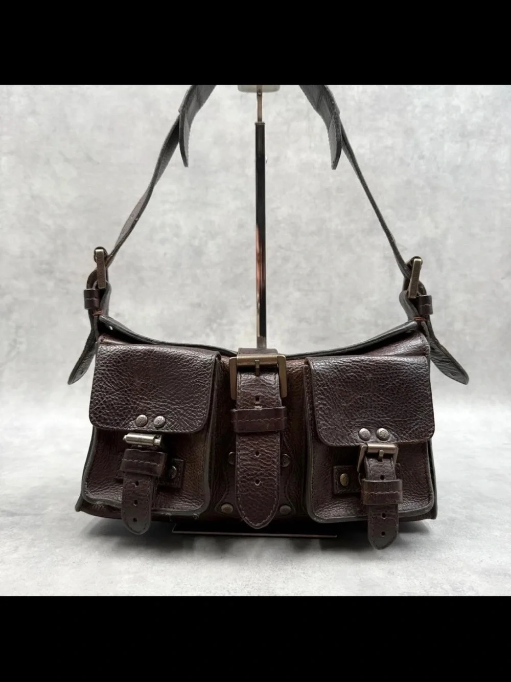 Mulberry Dark Brown Pebbled Leather Shoulder Bag with Buckle Pockets